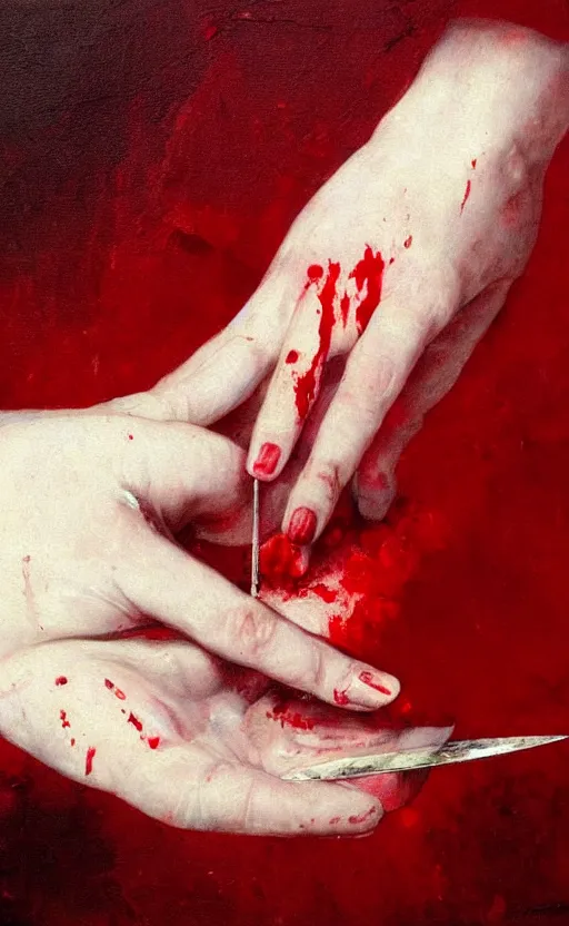 Image similar to by 1 9 th century famous painter, hands, nail polish, blood smear, blood dripping, knife, realism, realistic, oil painting, red wallpaper background