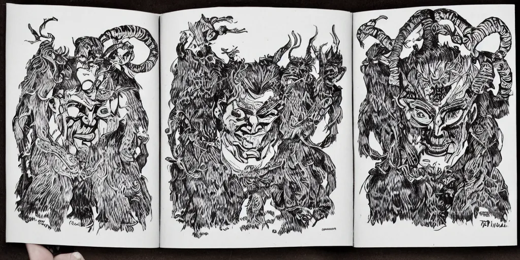 Image similar to scan of book with intricate ink drawings of tyrolean folklore masks, krampus, folklore, dance, dolomites, scary dark, dark ink, old paper