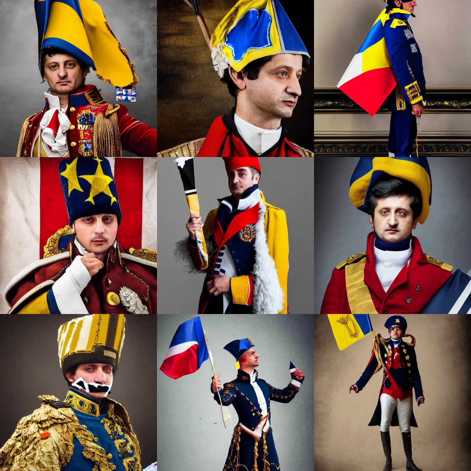 Prompt: a fashion photo of Volodymyr Zelensky dressed like Napoleon Bonaparte, holding a torn flag of Ukraine in his left hand and a torn flag of the USA in his right hand, hyper realistic, hyper detailed, trending at artstation, extremely sharp focus, highly detailed, depth of field, High definition, 8k, octane render, in the style of Annie Leibovitz