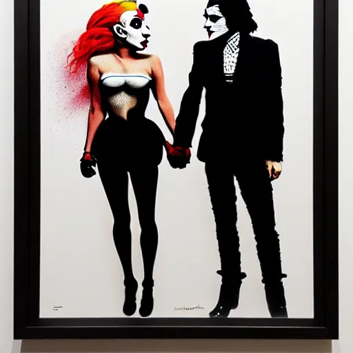 Image similar to richard hamilton and mimmo rottela and banksy as joaquin phoenix skinny joker holding hand lady gaga harley queen, ultra photorealistic, intricate details, pop art style, baroque, concept art, ultrarealistic, 3 colors, smooth, sharp focus