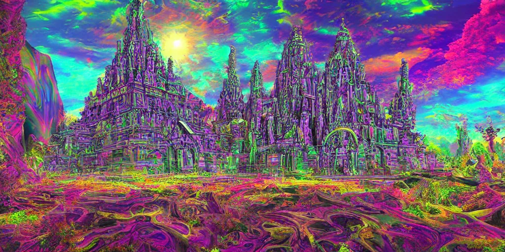 Prompt: temple of the supreme artificial intelligence on an earth like psychedelic planet, beautiful ultra detailed colorful digital art