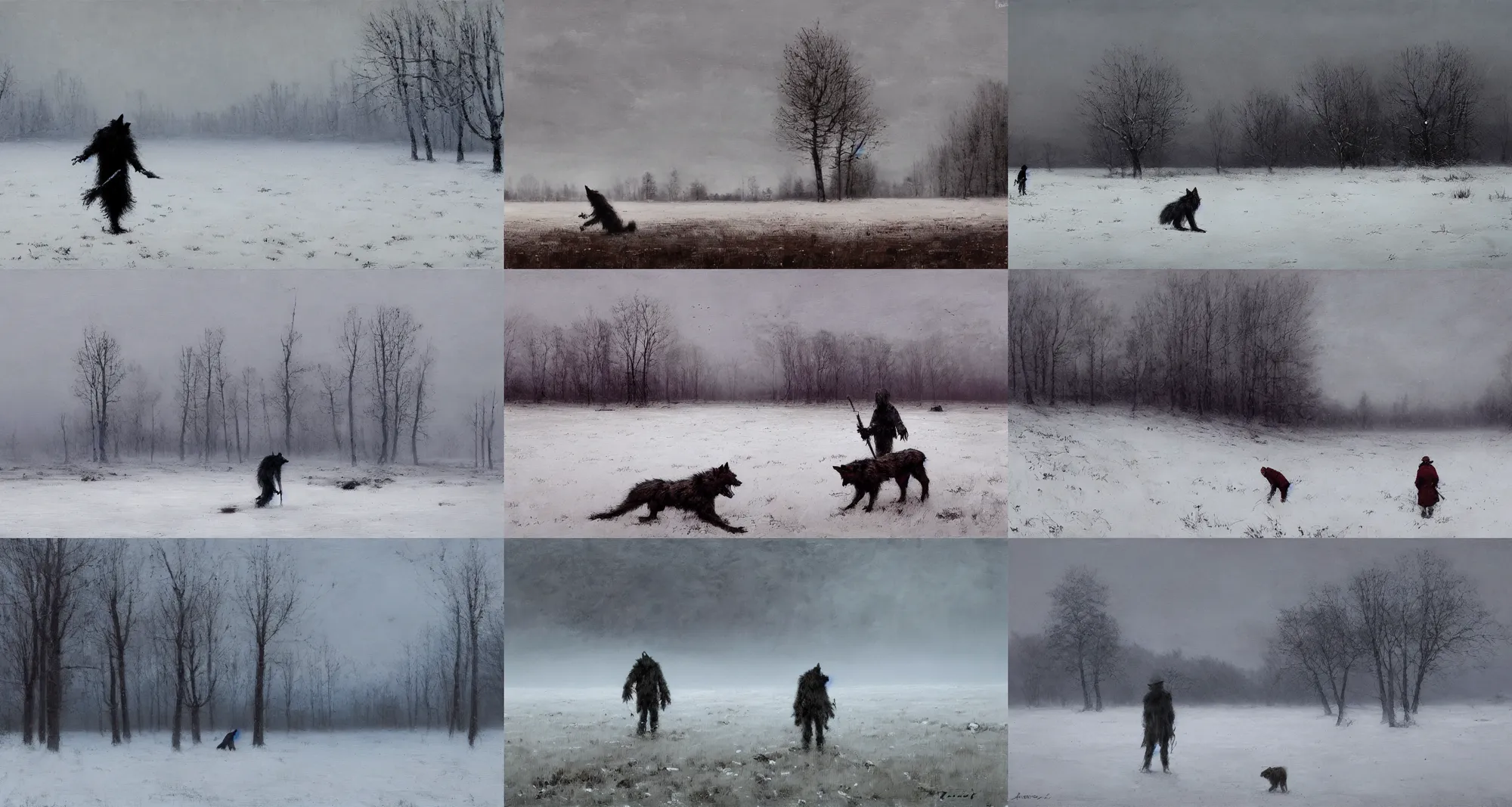 Prompt: an eerie painting of a lone werewolf in a snowy field, Jakub Różalski