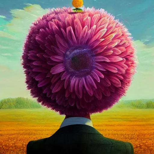 Prompt: giant daisy flower as a head, frontal, girl in a suit, surreal photography, sunrise, dramatic light, impressionist painting, digital painting, artstation, simon stalenhag