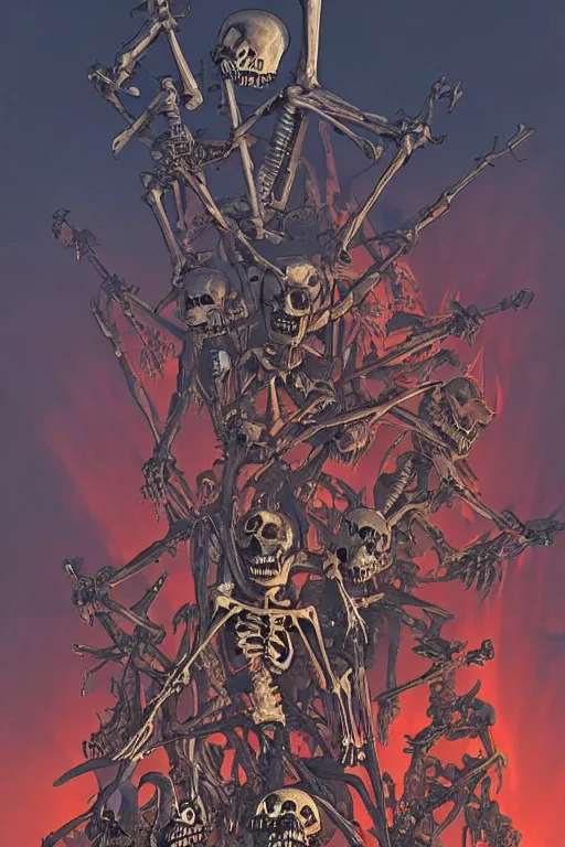Prompt: the forsaken skeleton army of the dammed, painted by vaughn bode and joe jusko and chesley bonestell and gerald brom, trending on artstation, dramatic tan lighting first - person view studio ghibli, hdr, closeup, stuckism, manga