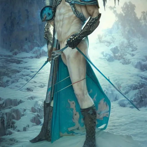 Image similar to an epic concept art of a handsome snow elf in a turquoise cape and silver armour, bow and arrow, albino skin, winter vibes, elegant, very coherent symmetrical artwork, by tomasz alen kopera and alphonse mucha and charlie bowater, photorealistic, sharp focus, octane render, rtx, hdr, unreal 5, trending on artstation