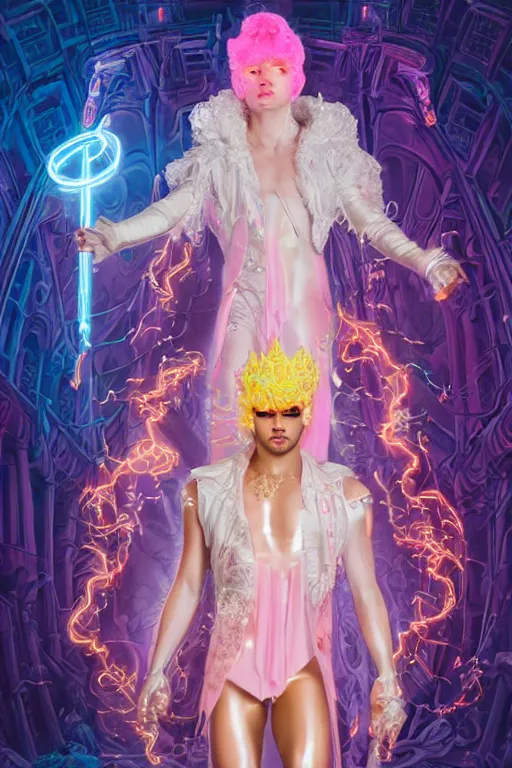 Image similar to full-body rococo and cyberpunk delicate neon crystalline sculpture of ((young muscular golden albino prince Joe Jonas android)) as an iridescent humanoid deity wearing ((peach plastic hooded cloak)) (holding a human skull) in a white castle dungeon, reclining, glowing pink face, crown of (pink lasers), large blue diamonds, swirling black silk fabric. futuristic elements. oozing glowing liquid, full-length view. space robots. intricate artwork by caravaggio. Trending on artstation, octane render, cinematic lighting from the right, hyper realism, octane render, 8k, depth of field, 3D