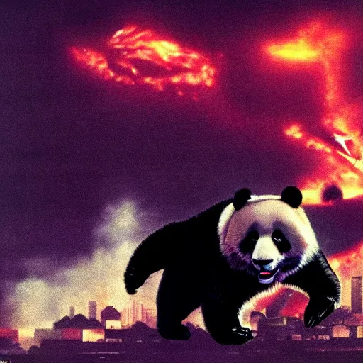 Image similar to giant panda destroying tokyo in the style of the movie godzilla, cinematic lighting, cinematic framing and shadows 1 9 7 0 s aesthetic