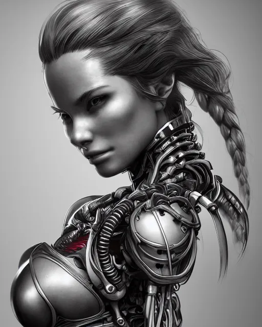 Prompt: portrait of stunning female biomechanical super soldier absurdly beautiful, gorgeous, elegant, an ultrafine hyperdetailed illustration by kim jung gi, irakli nadar, artgerm, intricate linework, octopath traveler, final fantasy, unreal engine 5 highly rendered, global illumination, radiant light