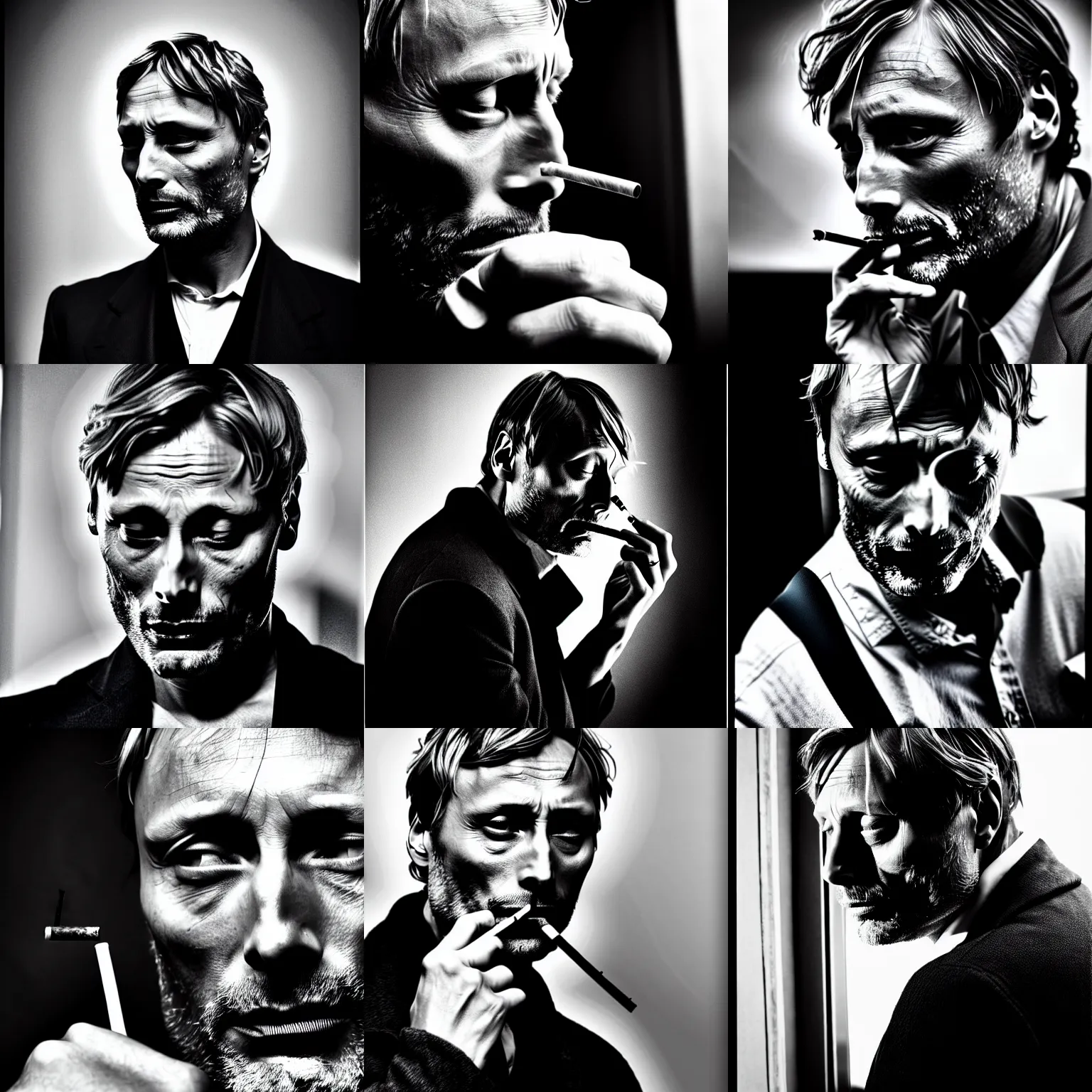 Prompt: Mads Mikkelsen smoking cigarette, dramatic, thoughtful, suspense, portrait black and white