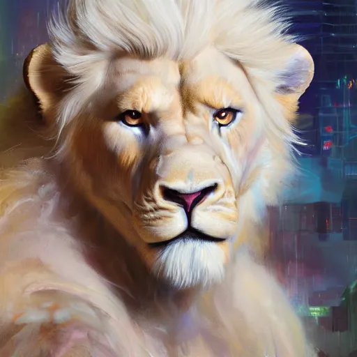 Image similar to aesthetic portrait commission of a of a muscular male fully furry anthro albino lion cybernetic, highly detailed oil painting, impasto brush strokes, soft light, 8 k, cyberpunk colour palette, dramatic composition, dramatic lighting, sharp focus, masterpiece, by adrian ghenie and jenny saville and zhang jingna