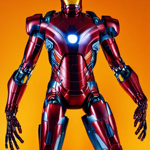 Prompt: a cybernetic spider with Iron Man armor. Jpeg artifacts. Full-color photo. Color color color color color. Award-winning photo. OM system 12–40mm PRO II 40mm, 1/100 sec, f/2 8, ISO 800