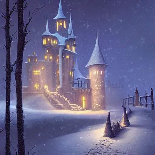 Image similar to Evil castle ,inspired by Evgeny Lushpin,George, greg rutkowski winter,nighttime,cinematic,art station