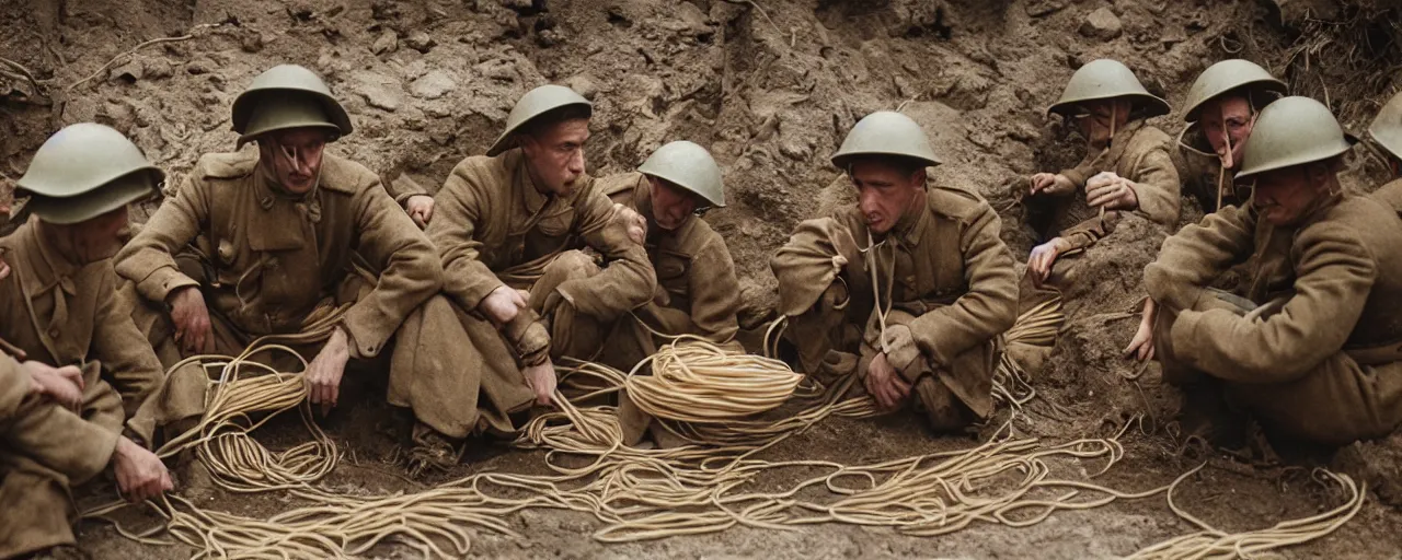 Image similar to soldiers eating spaghetti in the trenches, world war one, canon 5 0 mm, high detail, intricate, cinematic lighting, photography, wes anderson, film, kodachrome