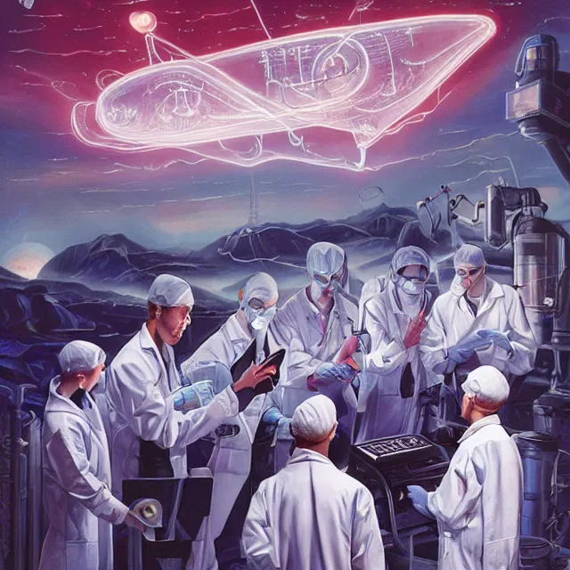 Prompt: engineers and scientists in labcoats confront a malevolent computer, glowing digital runes, panicked scientists in the background, ( futurism ), rhads!!!, james gurney, ( art fitzpatrick ), ( asaf hanuka ), ( ( barclay shaw ) ), ominous, saturday morning cartoon, clean linework, western animation