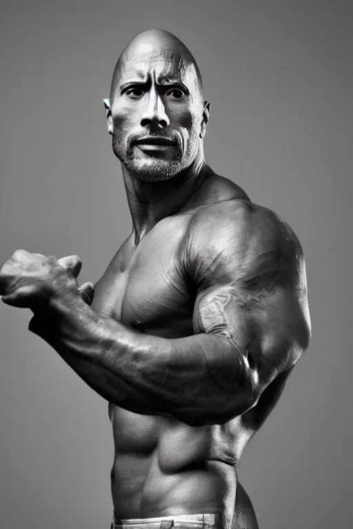 Prompt: Dwayne Johnson is a skinny anorexic featherweight, grayscale photography