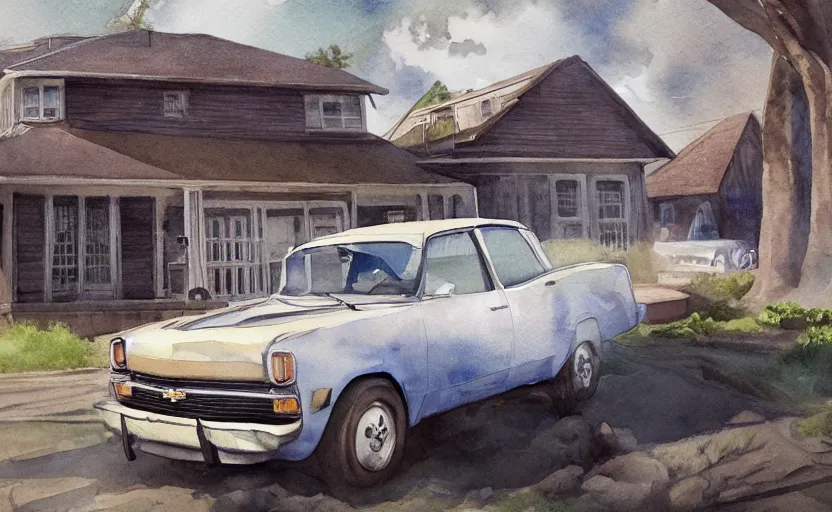 Image similar to a watercolor painting of a chevrolet opala parked near a 1 9 0 0 s house, digital painting, masterpiece, hyperrealistic, concept art, trending on deviantart, highly detailed, high quality, 4 k, symmetrical, low contrast, watercolor, warm, soft lighting, path traced, godrays