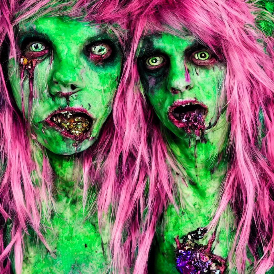 Image similar to ultra realistic portrait of a punk rock zombie with green skin and pink crystalline hair, multicolored background, vivid colors, dramatic lighting, intricately detailed, photorealistic, well composed, unreal engine