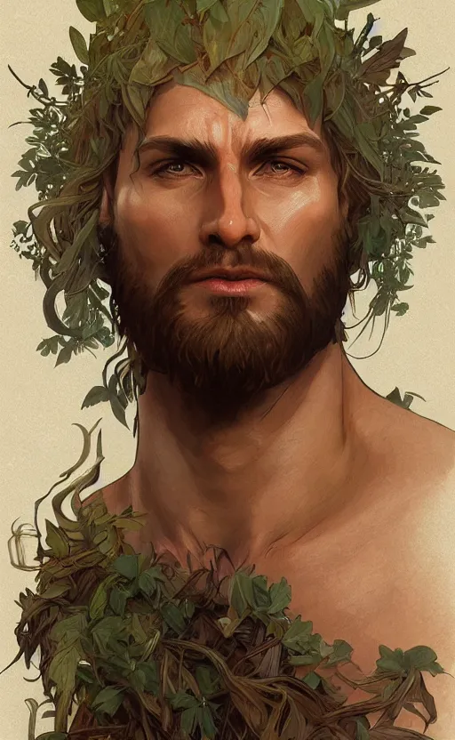 Image similar to god of the forest, 30 years old, rugged, male, gorgeous gorgeous gorgeous, detailed face face face face, amazing, thighs thighs thighs thighs, muscular, intricate, highly detailed, digital painting, artstation, concept art, sharp focus, illustration, by alphonse mucha