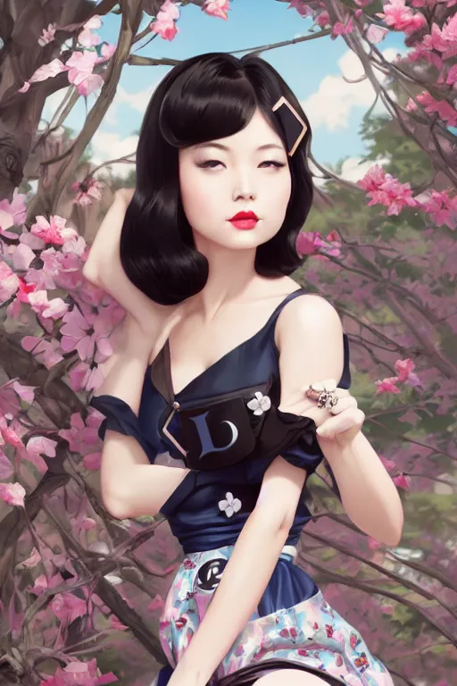 Image similar to a pin up and beautiful fashion dreamlke japan girl with lv jewelry, character art, art by artgerm and wlop and and ilya kuvshinov, hyperdetailed, 8 k realistic, symmetrical, frostbite 3 engine, cryengine, dof, trending on artstation, digital art, chanel, dior, fantasy background