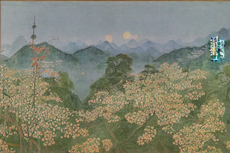 Image similar to an ultradetailed landscape painting of scenic westlake in china hangzhou, light yellow may flowers blossoms nearby, pagodas faraway, autumn wind, chinese water color, smooth, by hilma af klint