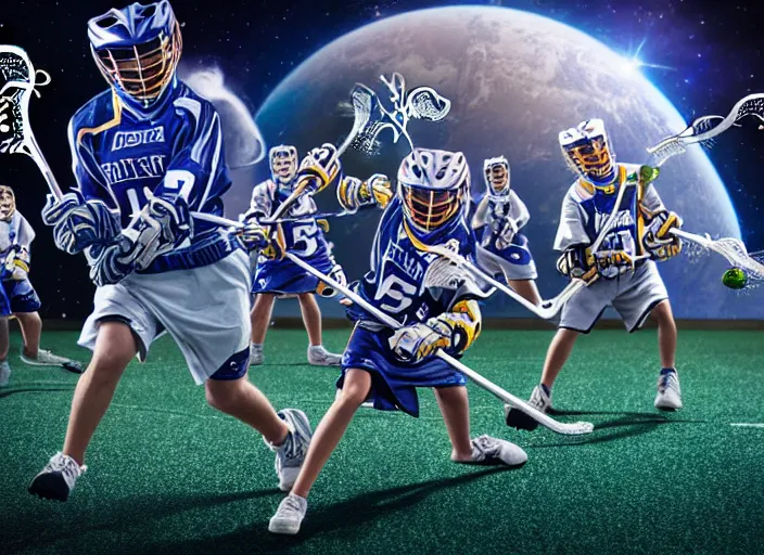 Prompt: photo of the lacrosse team, playing intergalactic championship, in space, versus chitauri, highly detailed, 8k, intricate, sony a7r iv 55mm, award winning.