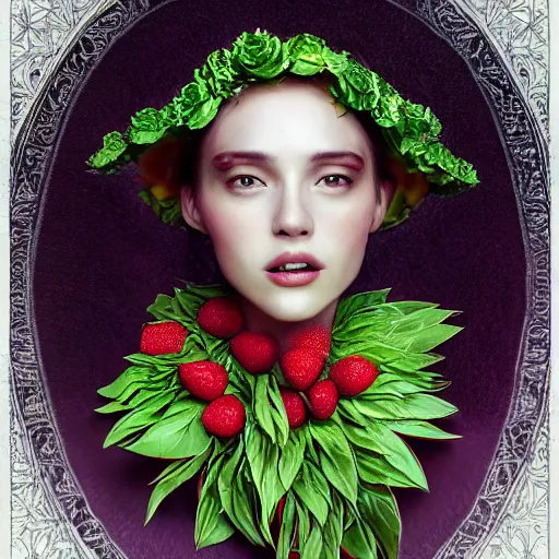 Image similar to the portrait of an absurdly beautiful, graceful, elegant, sophisticated, fashionable young woman made of strawberries and green petals looking up, an ultrafine hyperdetailed illustration by kim jung gi, irakli nadar, intricate linework, bright colors, octopath traveler, final fantasy, unreal engine 5 highly rendered, global illumination, radiant light, detailed and intricate environment