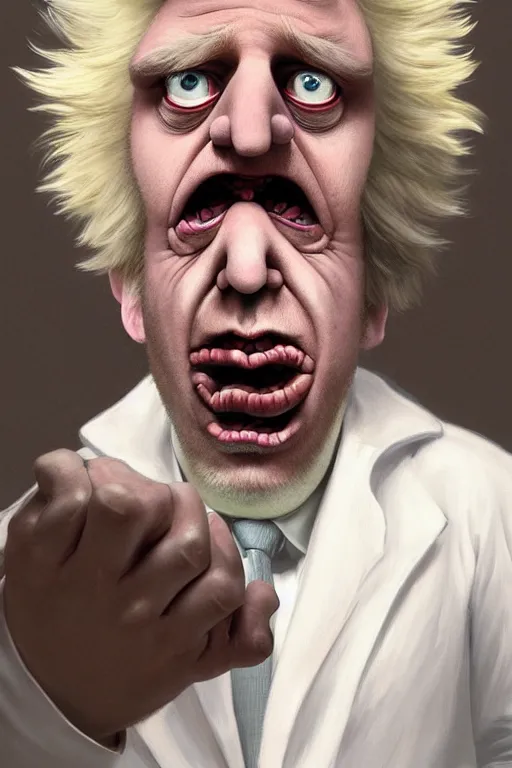 Image similar to Boris Johnson as crazy genius Rick Sanchez from Rick and Morty, unibrow, white robe, big eyes, realistic portrait, symmetrical, highly detailed, digital painting, artstation, concept art, smooth, sharp focus, illustration, cinematic lighting, art by artgerm and greg rutkowski and alphonse mucha