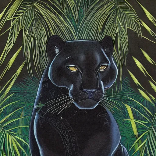 Prompt: artdeco illustration of one beautiful majestic black panther. beautiful. mysterious. intricately detailed. meticulously rendered. background is a jungle. epic skym hd. trending on art station. h 7 6 8