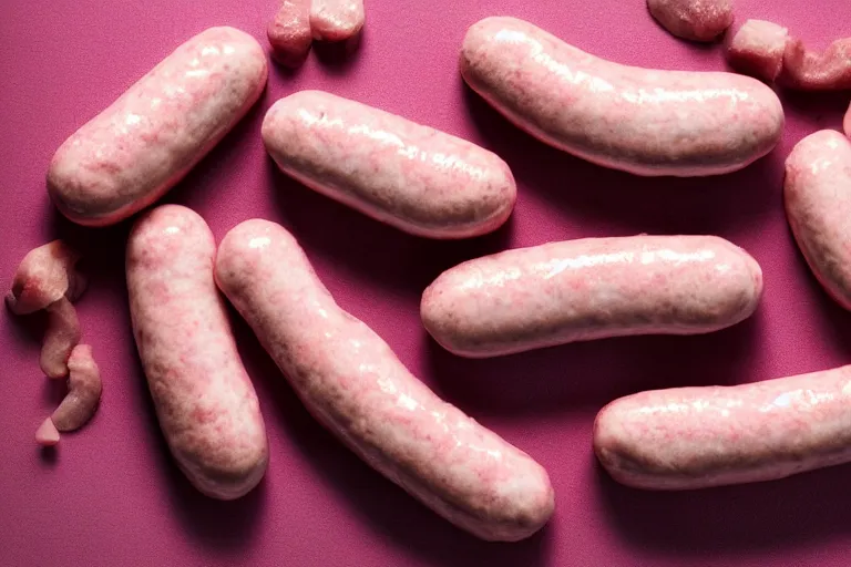 Image similar to cream filled and pink frosted uncooked sausages, studio lighting, photorealistic