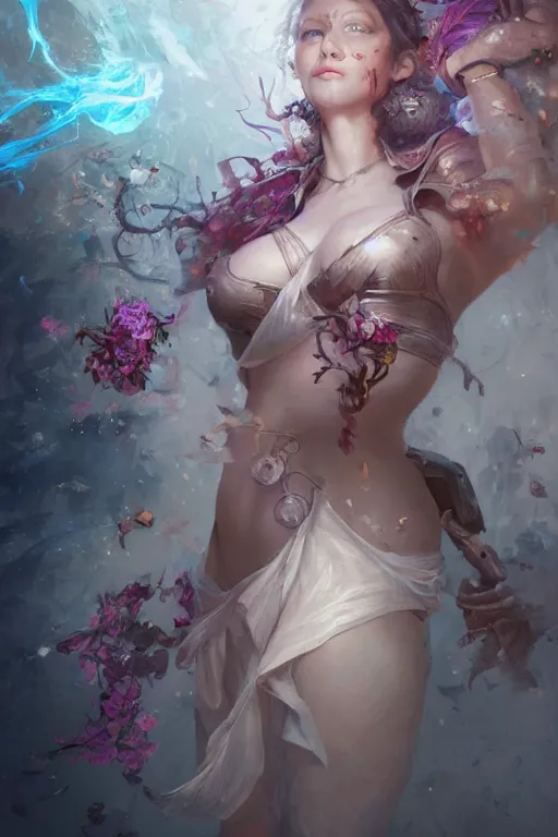 Image similar to beautiful girl necromancer, witch - doctor exploding into flowers, angels, 3 d render, hyper - realistic detailed portrait, holding fire and electricity, ruan jia, wlop. scifi, fantasy, magic the gathering, hyper detailed, octane render, concept art, peter mohrbacher