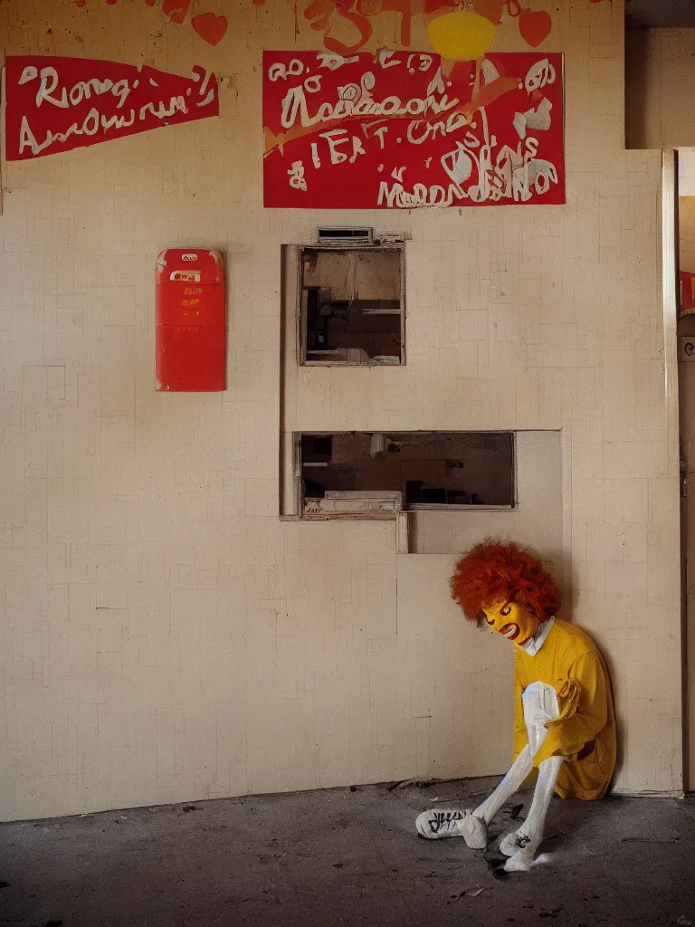 Prompt: a long shot of a crying ronald mcdonald sitting in the corner of an abandoned mcdonald's in 1 9 8 5 during golden hour.