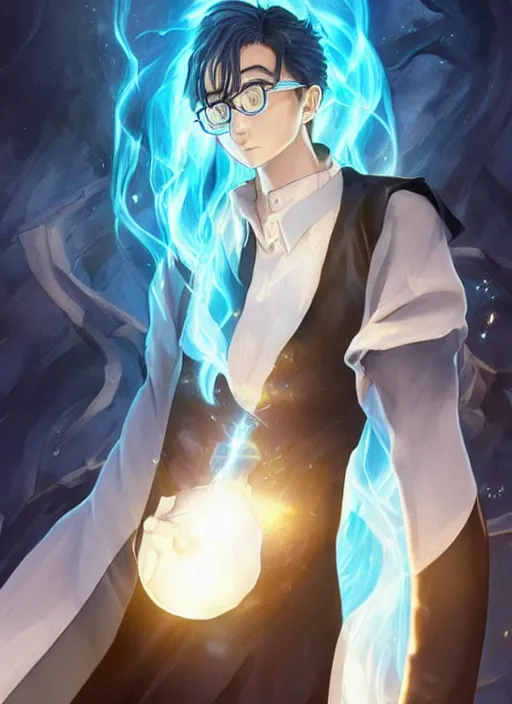 Prompt: close - ip shot, character portrait, a seventeen years old male!! ravenclaw wizard with shoulders long black, slightly wavy hair, wearing browline!! glasses!!! with a potion bottle!!!, blue shiny lighting, beautiful fantasy art, film still, by artgerm and hayao miyazaki, by rutkowsky, trending on artstation