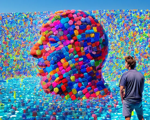 Image similar to a long shot of a giant award winning sculpture made out of tons of hundreds of pool toys in the shape of a human head, on the surface of the ocean, in the style of chad knight, hyper detailed, hyper realistic, ray tracing, 8 k resolution, sharp focus, realistic water