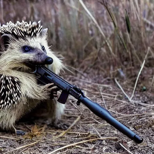 Image similar to still image of a hedgehog soldier wearing military gear, the hedgehog is holding a rifle, photo