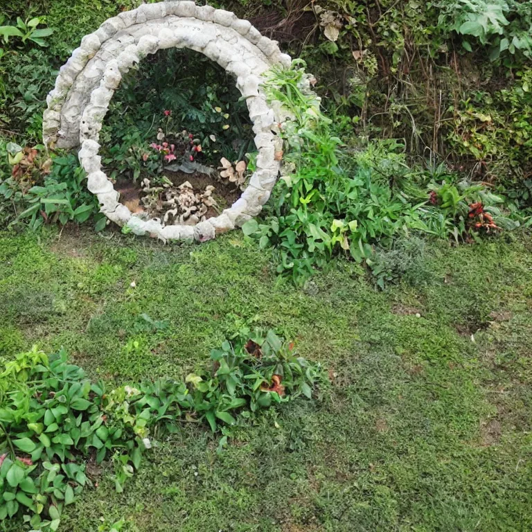 Image similar to a circle portal structure built out of plants and mushrooms