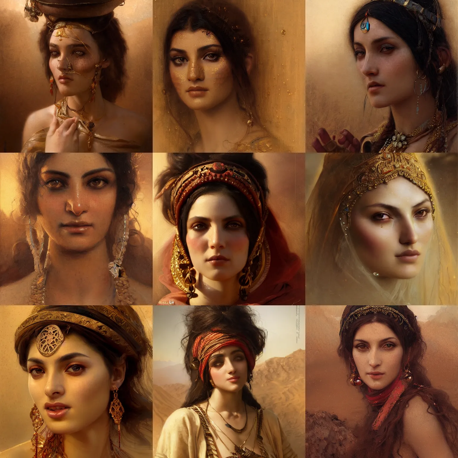 Prompt: orientalism portrait of a cute woman in the desert face detail by theodore ralli and nasreddine dinet and bastien lecouffe deharme and nikolay makovsky and edwin longsden long, masterful intricate artwork, excellent lighting, high detail 8 k
