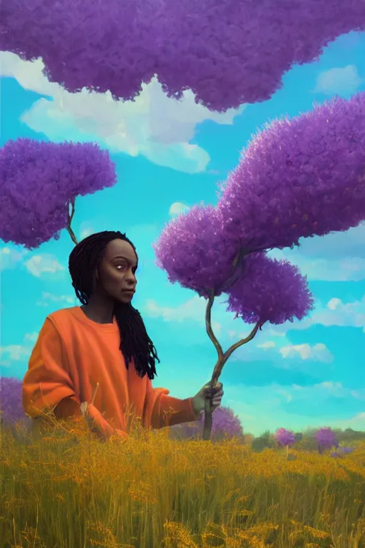 Image similar to portrait, giant lilac flower as head, black woman in heather field, surreal photography, golden hour, colorful clouds, impressionist painting, digital painting, artstation, simon stalenhag