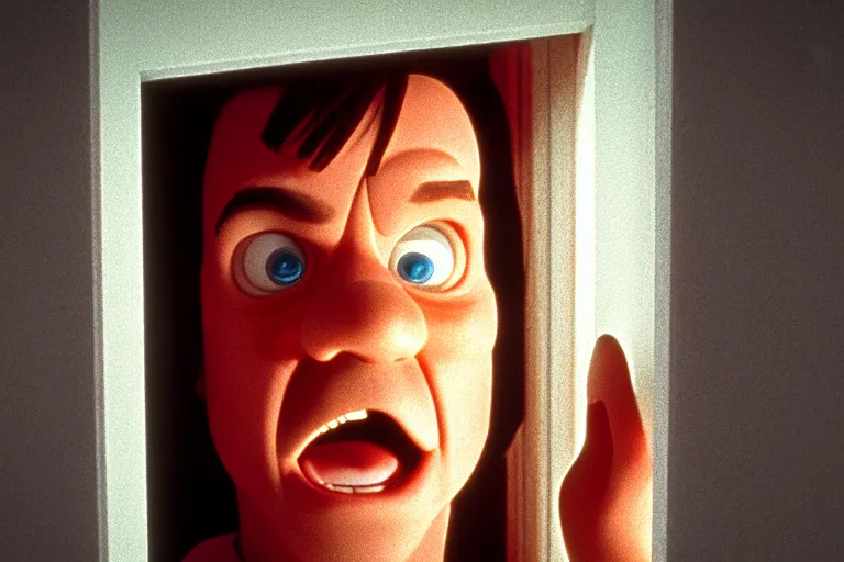 Prompt: the shining ( 1 9 8 0 ), the scene where jack peeks his face through the broken door holding his axe and says here's johnny, close up, pixar disney style, animated, cgstation, octane render, film still, best animation, visual effects