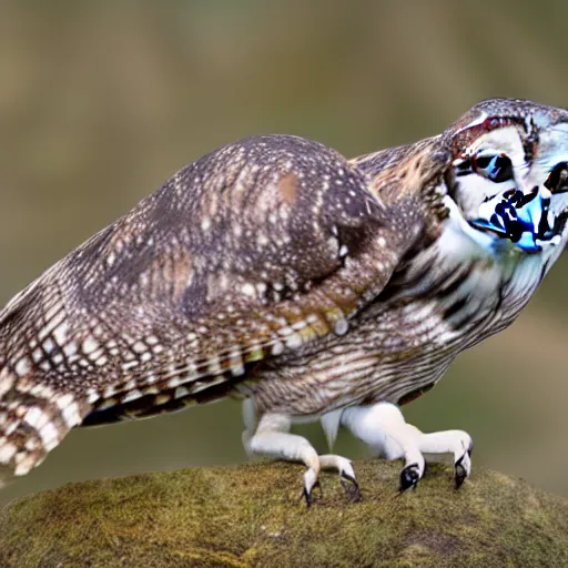 Image similar to scenic photo of an owl catching a mouse. focus on the owl's beak and eye. intricate eye. extremely large wings. extreme detail, hyperrealistic photo