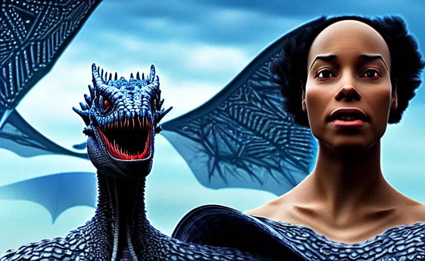 Image similar to realistic detailed photorealistic film close up portrait shot of a beautiful black woman with, sci-fi landscape with a drogon on background by Denis Villeneuve, Amano, Yves Tanguy, Alphonse Mucha, Ernst Haeckel, Andrei Tarkovsky, Edward Robert Hughes, Roger Dean, rich moody colours, wide angle, blue eyes