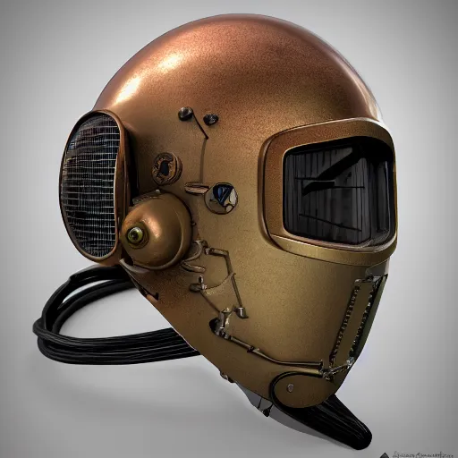 Prompt: photo of hyper detailed boxcutter hard surface modelling rear view of rusty matte oranve gold astronaut helmet, arstation, cables wires, heart symbols, unreal engine 5