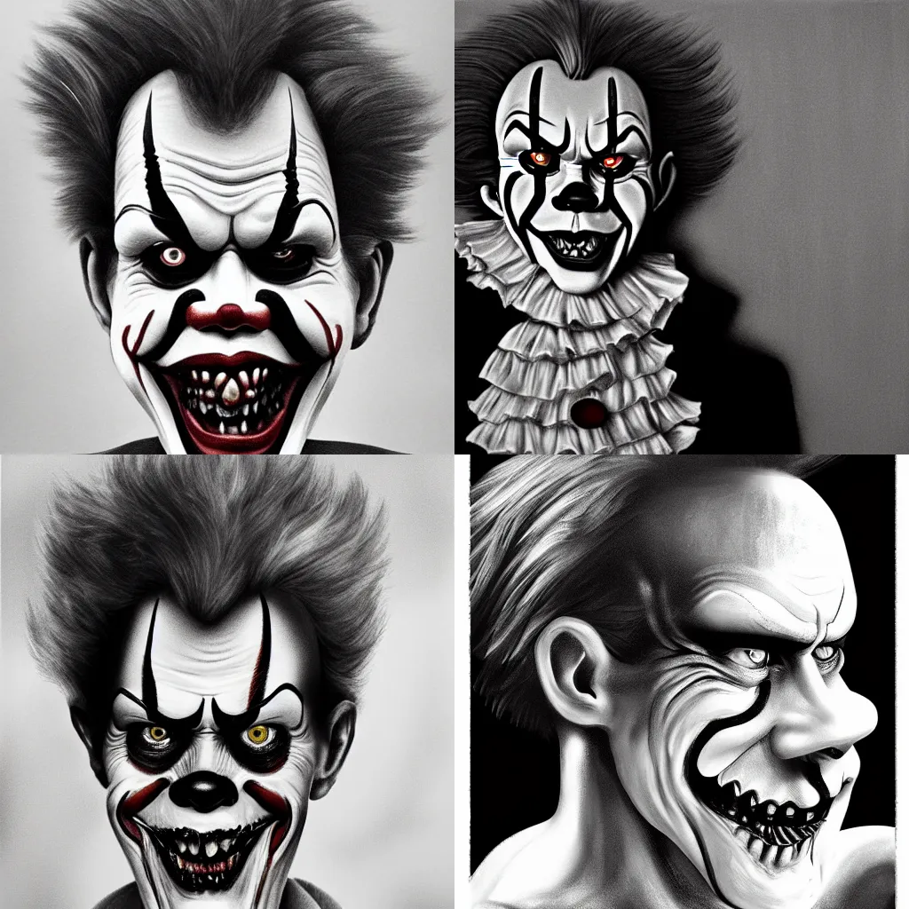 Prompt: black and white retro portrait photo of Willem Dafoe painted like pennywise, high detail, award winning, photorealistic