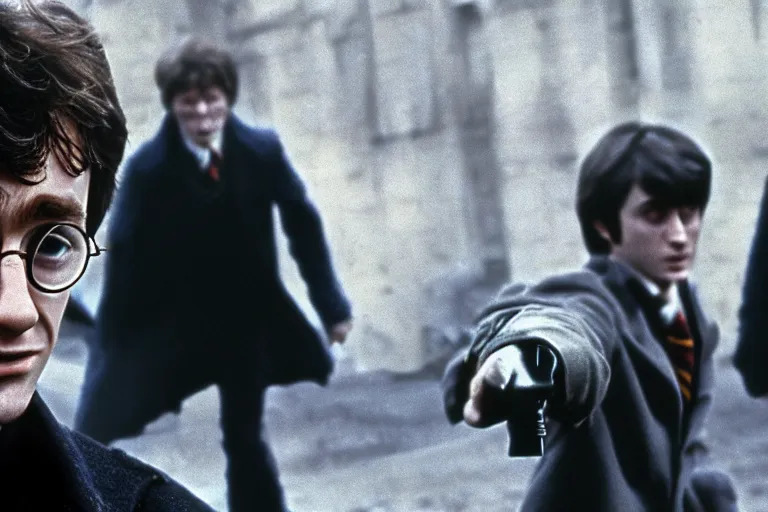 Image similar to Dirty Harry Potter, 1970s crime drama cinematic closeup movie photo, Arri Alexa 65, DSLR, dof, by Bill Gekas and Bruno Walpoth and Antoine Verney-Carron