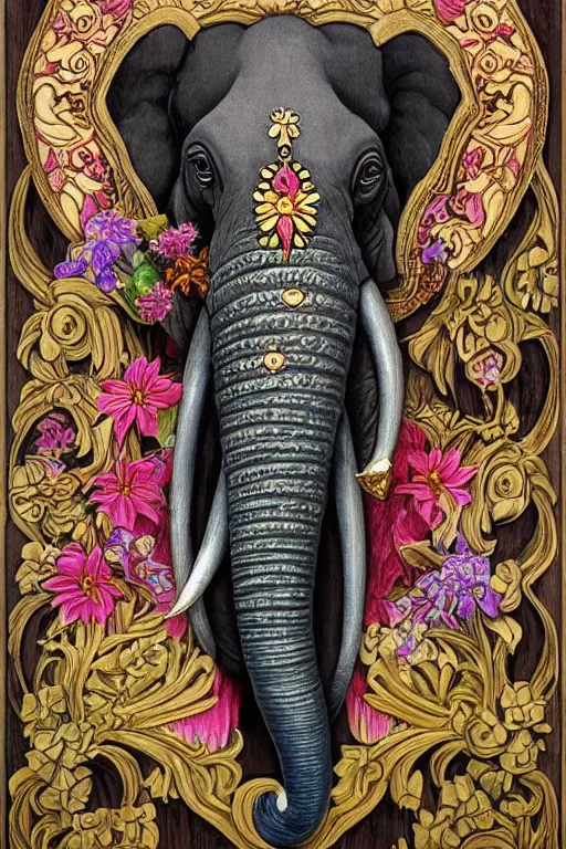 Image similar to Painted dark-wood panel relief carving of a close up of a Flowerpunk Matriarch Elephant, ornate border frame, explosion of colorful flowers, dark wood, intricately carved, black ink, festival of rich colors, intricate details, cinematic lighting, volumetric lighting, post-processing, art nouveau, by andreas rocha and john howe, and Martin Johnson Heade, featured on artstation, featured on behance, golden ratio, hyper detailed, photorealistic, epic composition, center spotlight, f32, well composed, symmetrical, UE5, 8k