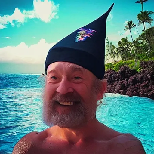 Image similar to instagram vacation photo of dumbledore the wizard wearing his wizard hat and wizard swim trunks at hawaii