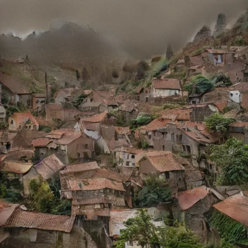 Image similar to the center of a poor medieval town under heavy rain at late dawn, in a valley, surrounded by mountains, highly detailed, octane render, ultra detailed cinematic, 8 k, widescreen, hd