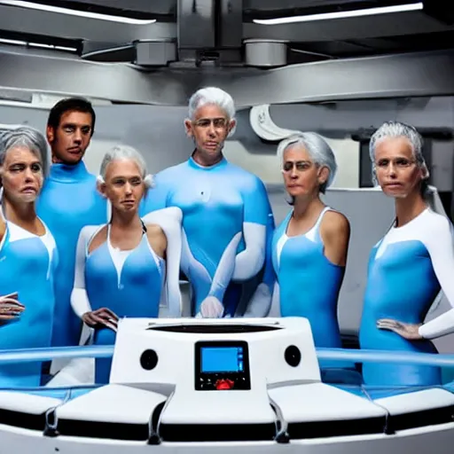 Image similar to group of weird athletic humans with light blue neoprene suits and white hair standing in tight formation on a conveyor belt, advanced futuristic laboratory, sci - fi, highly detailed, hyperrealistic