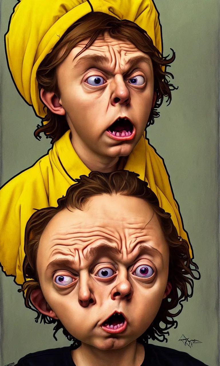 Image similar to hyper realistic grotesque portrait of an very young 1 2 yr dumb roundheaded round head morty, from rick and morty, worried, yellow t - shirt, portal in the background, by lee bermejo, alphonse mucha and greg rutkowski