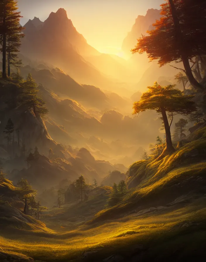 Image similar to Landscape representing a forest with mountains on the sides and a large kaje in the middle with the sun on the horizon, hyperdetailed, artstation, cgsociety, 8k