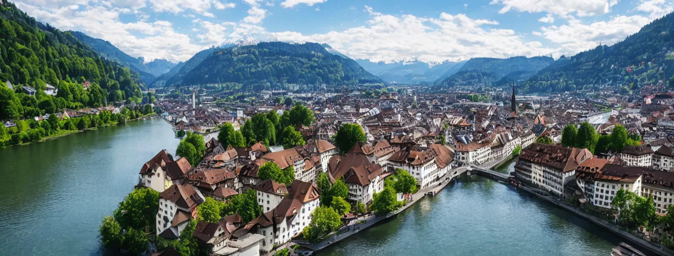 Image similar to Photo of Zurich, looking down the Limmat at the lake and the alps, Hardturm, Grossmünster, Lindenhof, Üetliberg, wide angle, volumetric light, hyperdetailed, light blue water, artstation, cgsociety, 8k